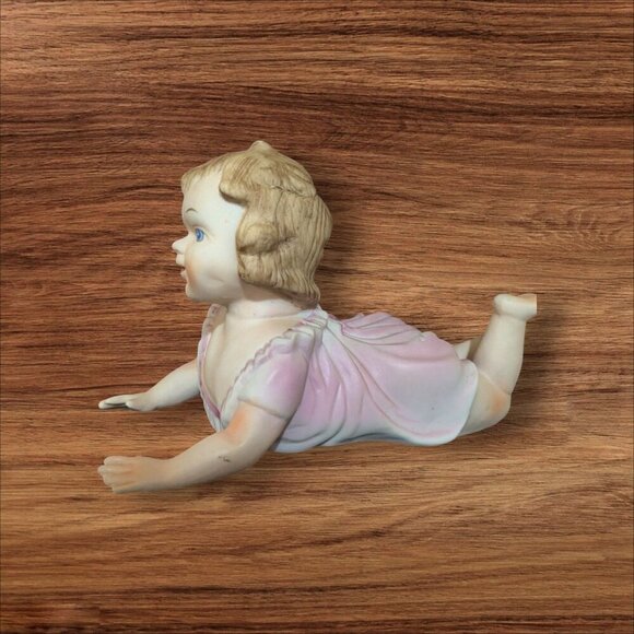 Bisque Porcelain Piano Baby Figurine Crawling Girl in  Pink Dress  Vintage 9" - Picture 6 of 9